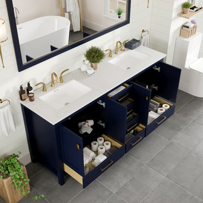 Aberdeen 78 in. Blue Double Sink  Bath Vanity with Carrara Quartz Top and Undermount Porcelain Sinks