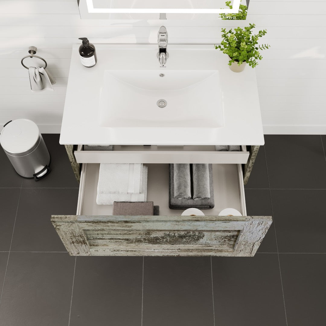 Capri 32 in. Vintage Ash Wall Mount Single Sink Bath Vanity with Porcelain Top and Integrated Sink