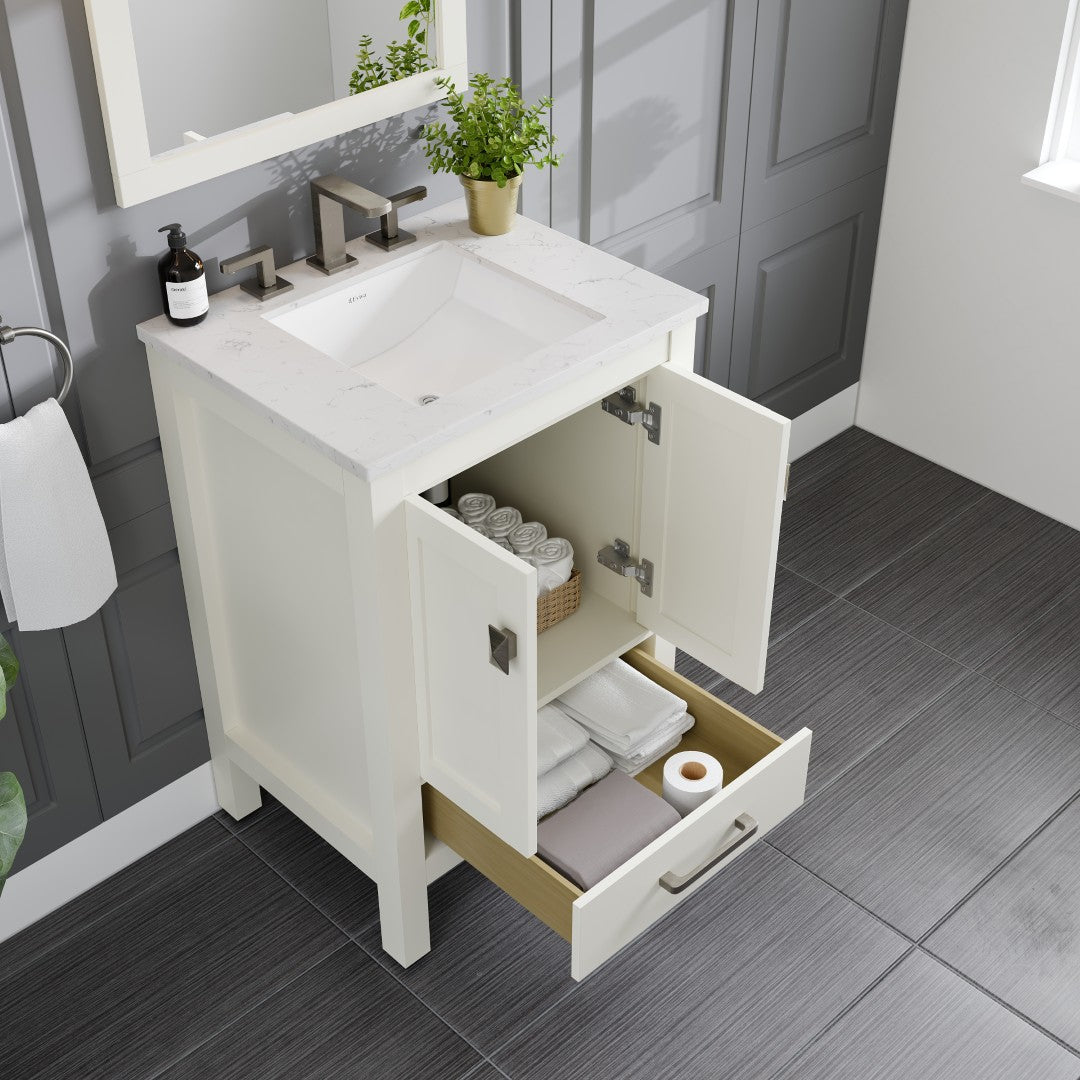 Aberdeen 24 in. White Single Sink Bath Vanity with Carrara Quartz Top and Undermount Porcelain Sink