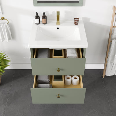 Green 24"W x 18"D Vintage Green Bathroom Vanity with White Porcelain Countertop and Integrated Sink