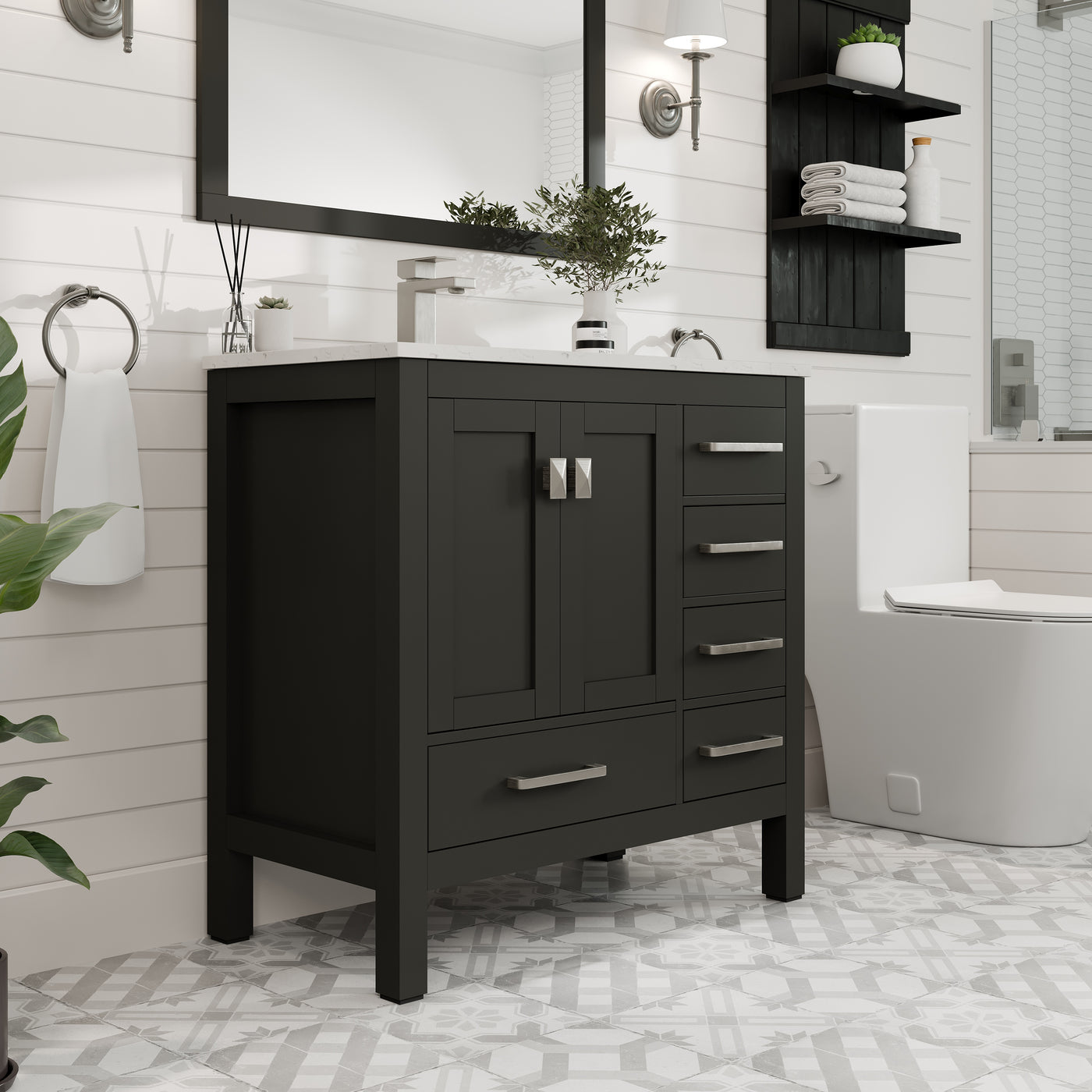 London 38"W x 18"D Espresso Bathroom Vanity with White Carrara Quartz Countertop and Undermount Porcelain Sink