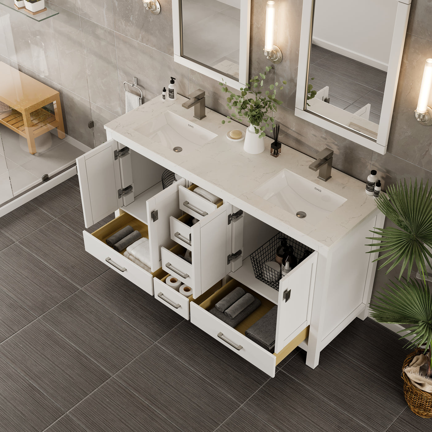 London 60"W x 18"D White Double Sink Bathroom Vanity with White Carrara Quartz Countertop and Undermount Porcelain Sinks