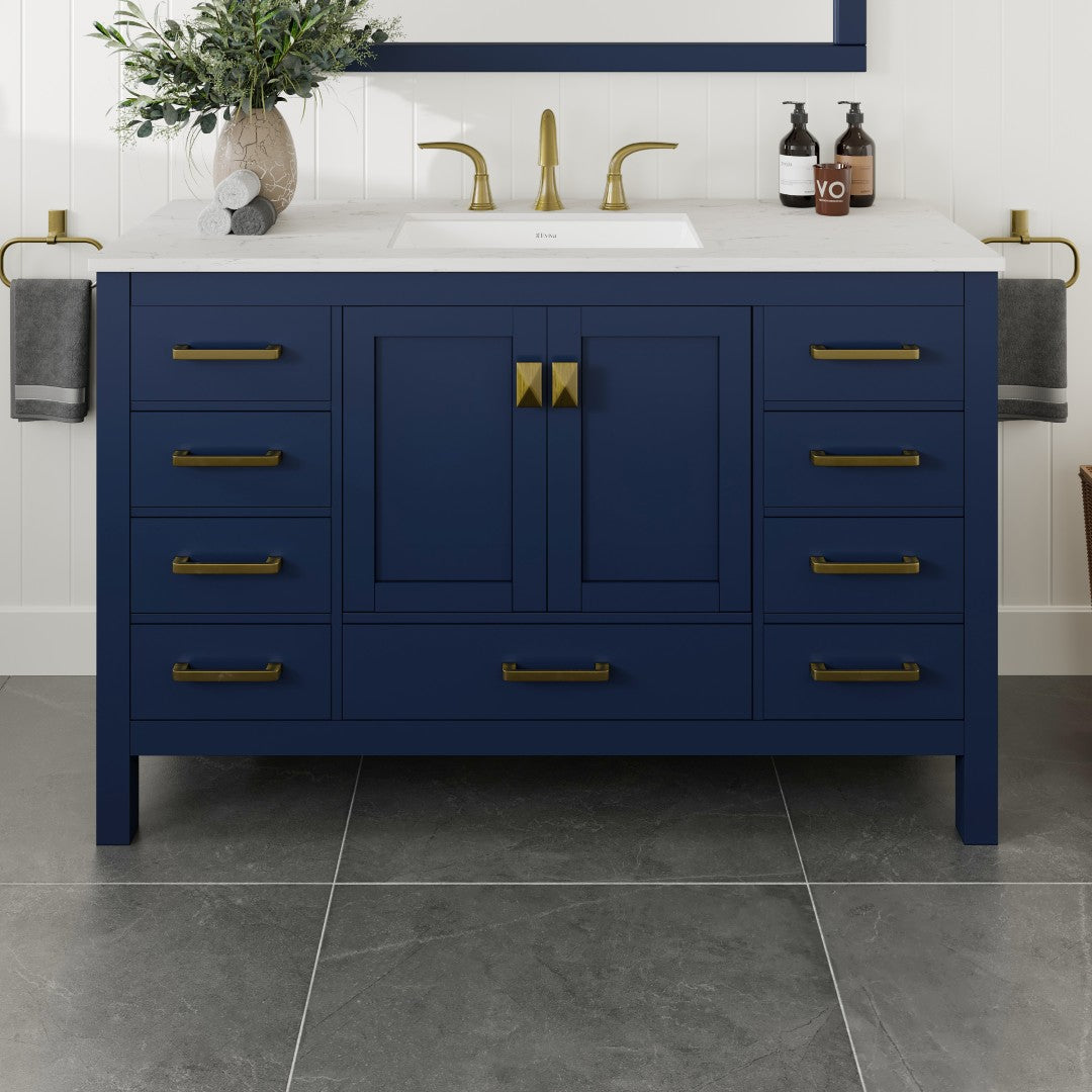 Aberdeen 54 in. Blue Single Sink Bath Vanity with Carrara Quartz Top and Undermount Porcelain Sink