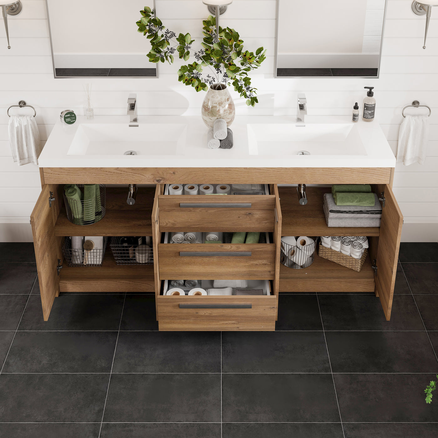 Lugano 72"W x 20"D Natural Oak Double Sink Bathroom Vanity with White Acrylic Countertop and Integrated Sinks