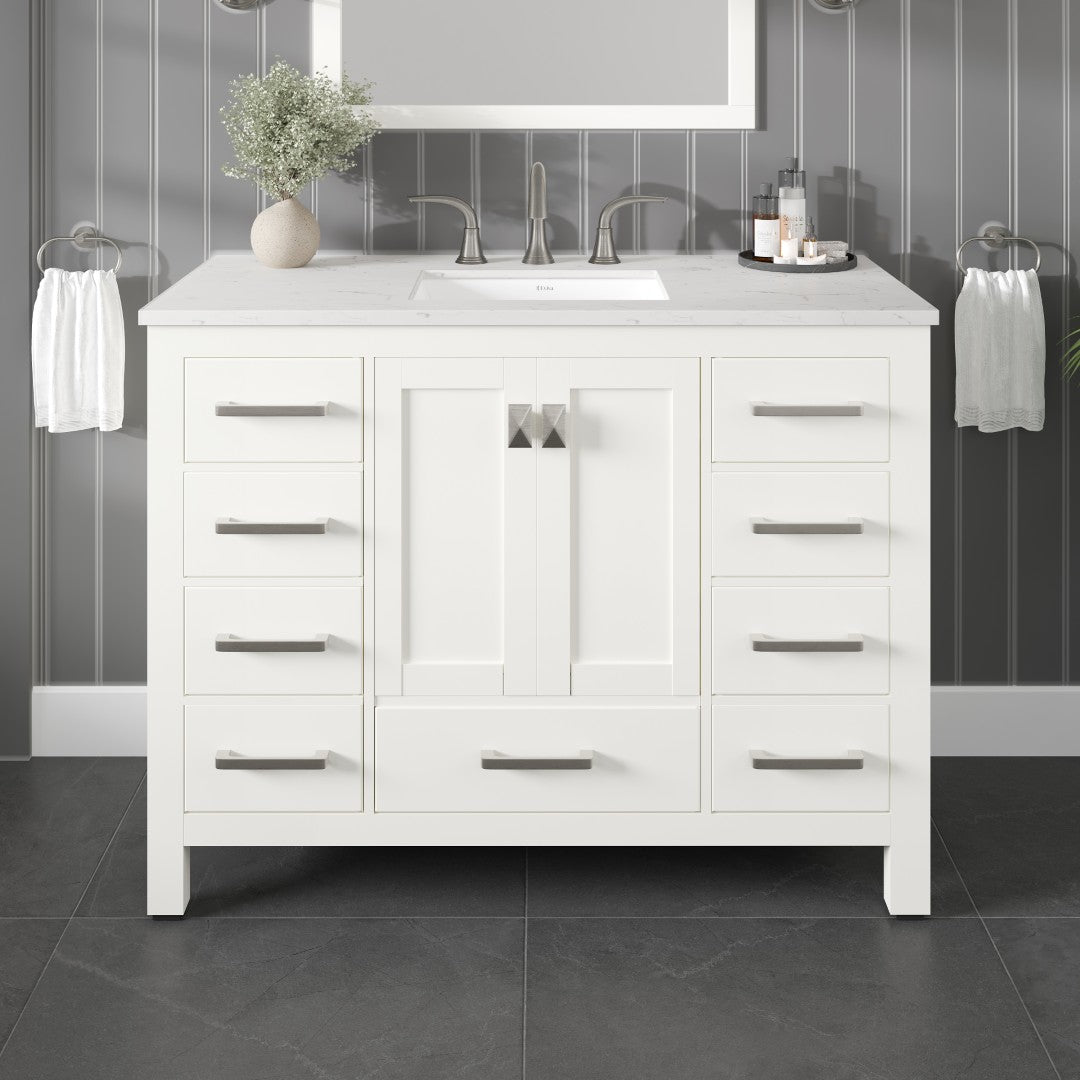 Aberdeen 42 in. White Single Sink Bath Vanity with Carrara Quartz Top and Undermount Porcelain Sink