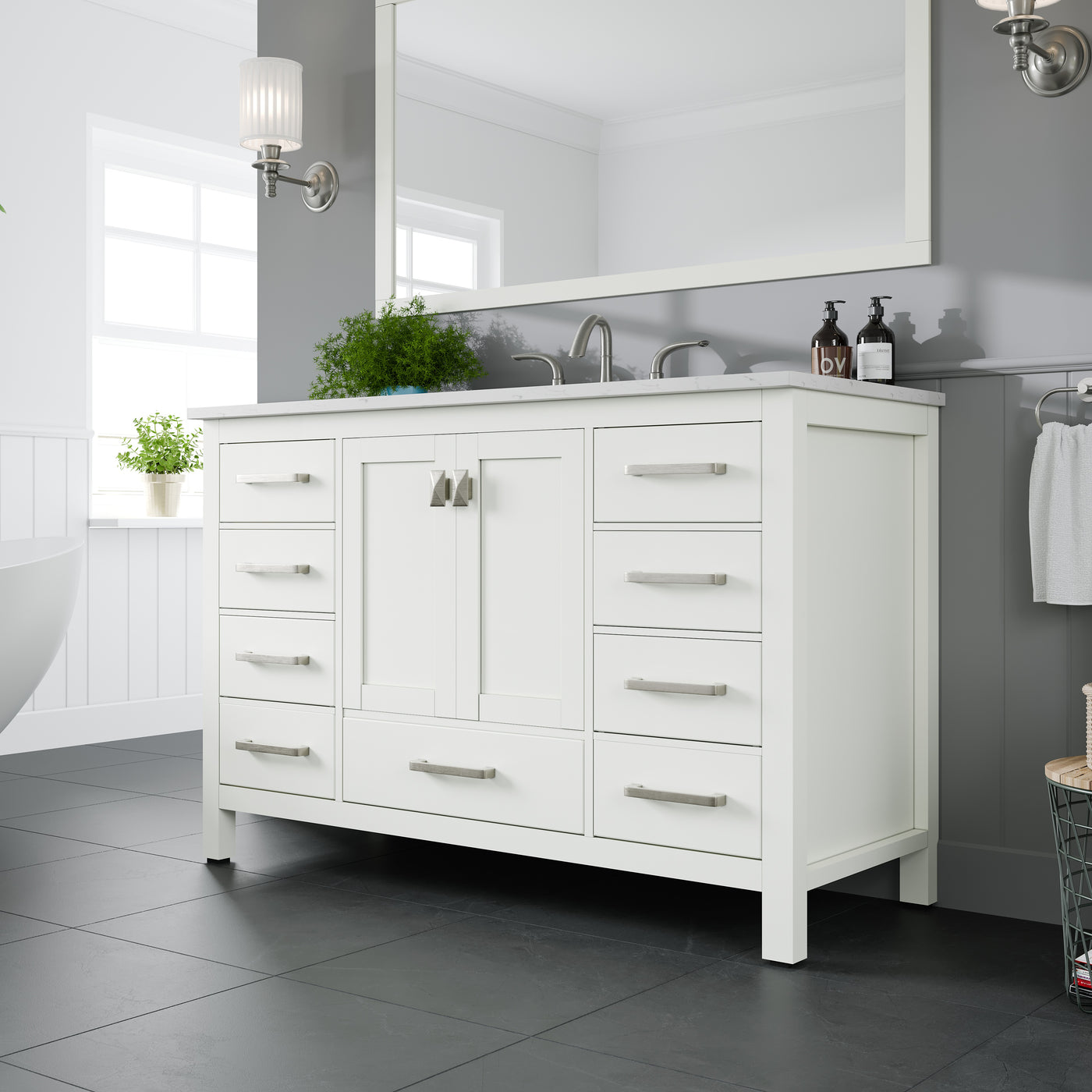 Aberdeen 48"W x 22"D White Bathroom Vanity with White Carrara Quartz Countertop and Undermount Porcelain Sink