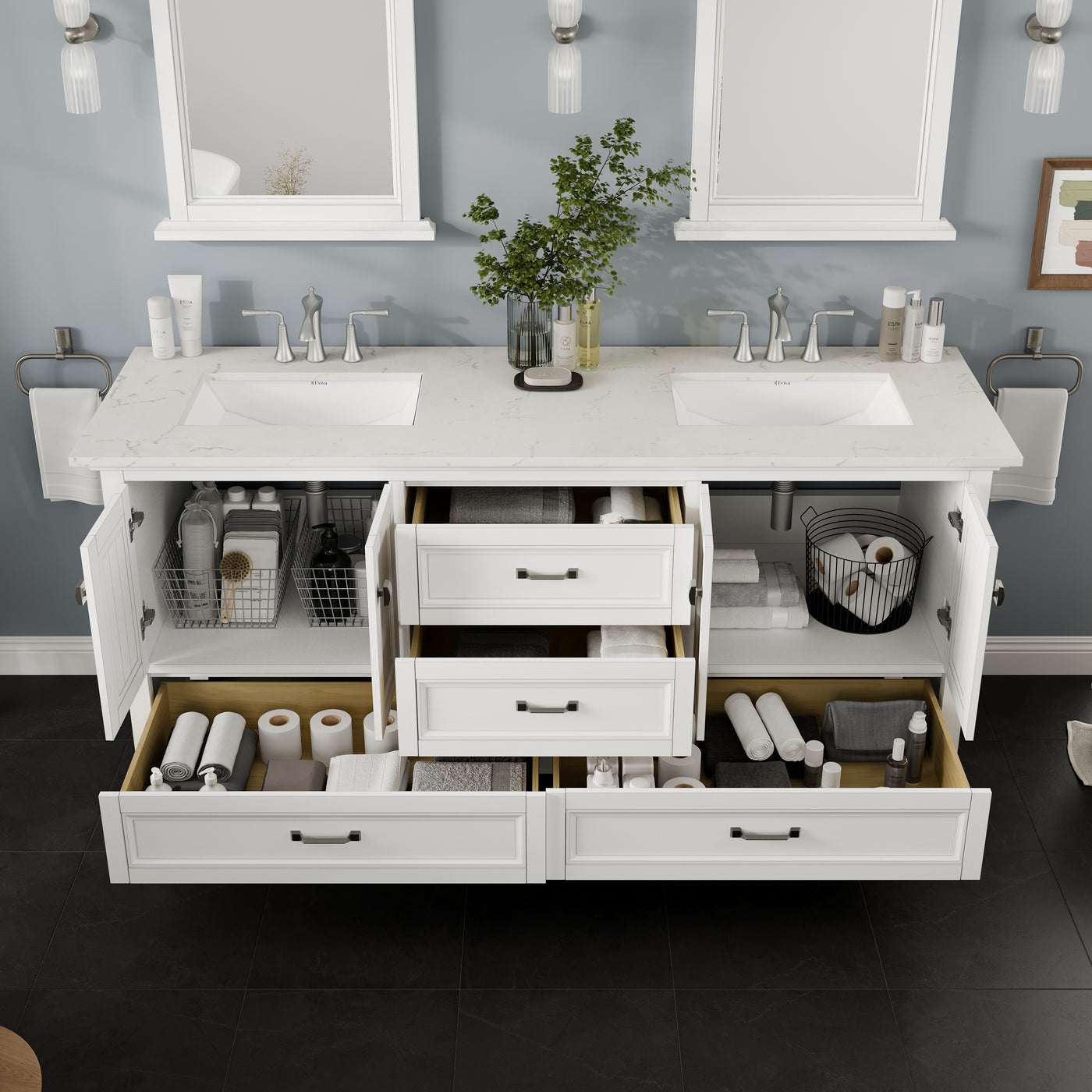 Britney 72"W x 22"D White Double Sink Bathroom Vanity with White Carrara Quartz Countertop and Undermount Porcelain Sinks