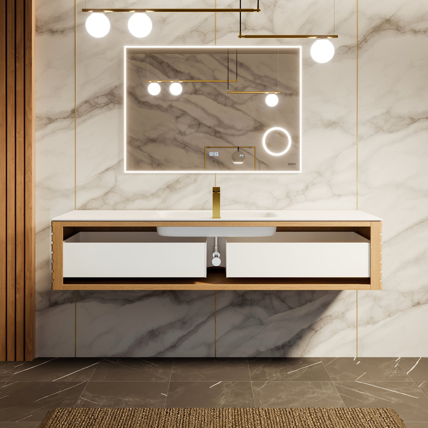 Eviva Allure 55"W x 20"D Oak Wall Mount Bathroom Vanity with White Solid Surface Countertop and Integrated Sink