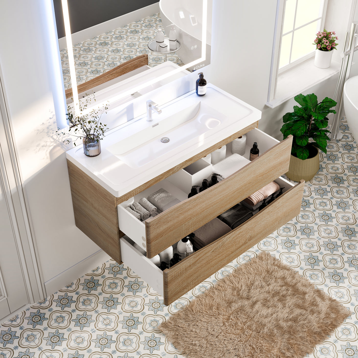 Smile 48"W x 19"D White Oak Wall Mount Bathroom Vanity with White Acrylic Countertop and Integrated Sink