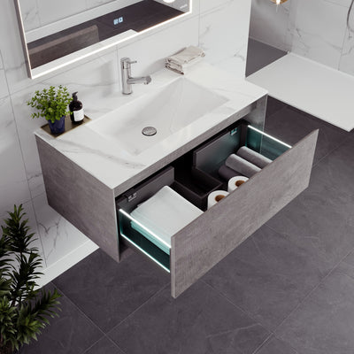 Vista 36"W x 23"D Concrete Gray Wall Mount Bathroom Vanity with White Carrara Quartz Countertop and Undermount Porcelain Sink