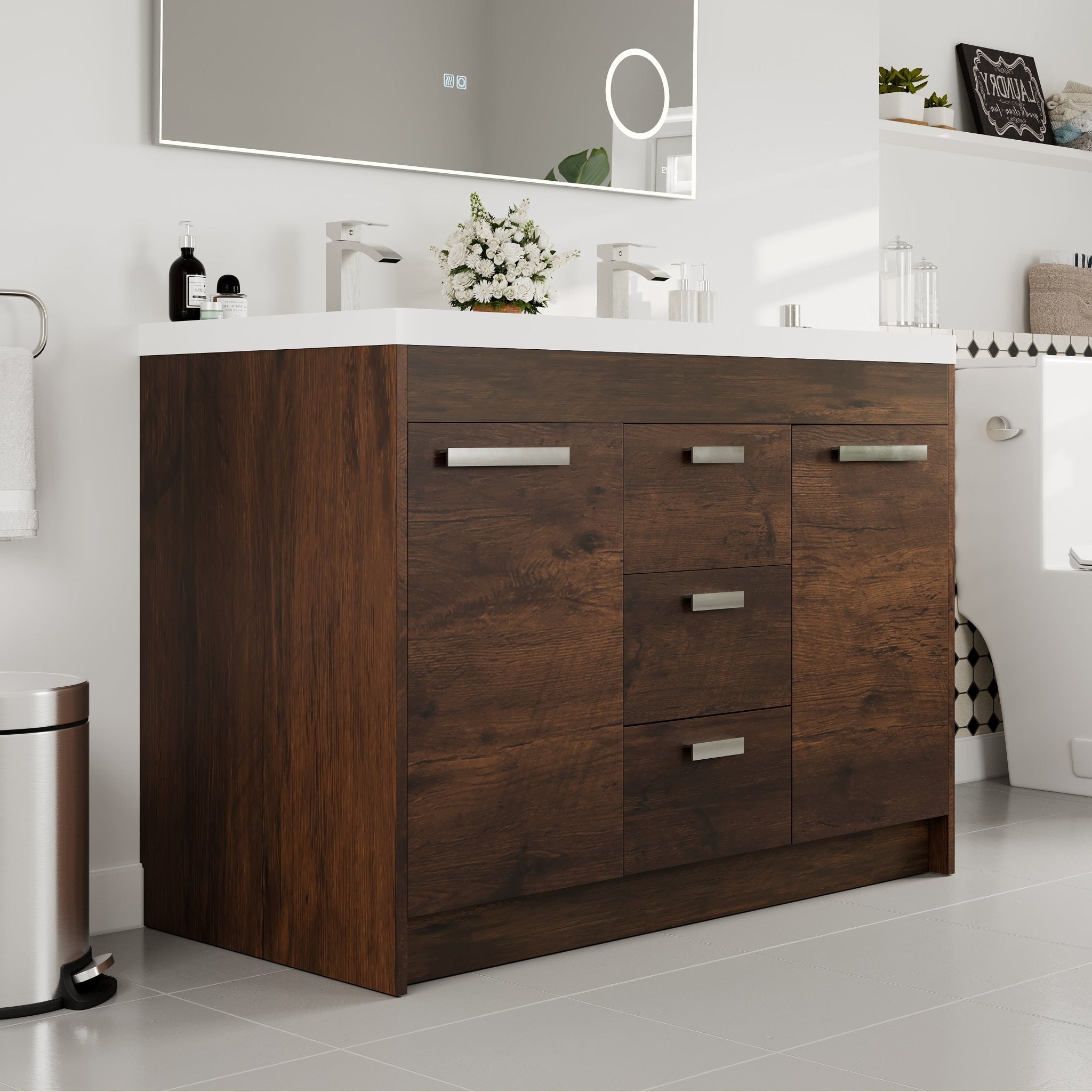 Lugano 48 in. Rosewood Double Sink Bath Vanity with Acrylic Top and Integrated Sinks - Bathroom Vanity by Eviva