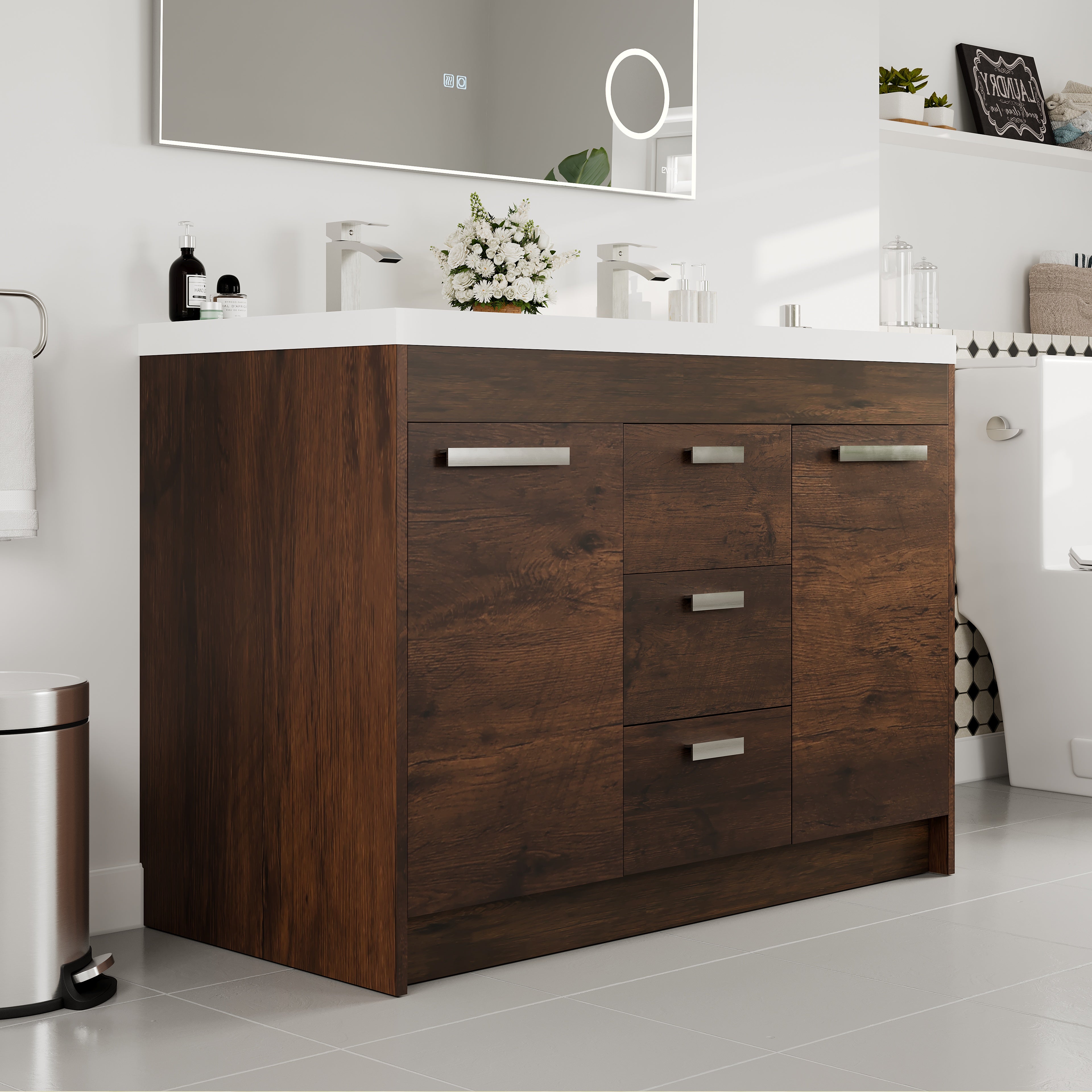 Lugano 48 in. Rosewood Double Sink Bath Vanity with Acrylic Top and Integrated Sinks