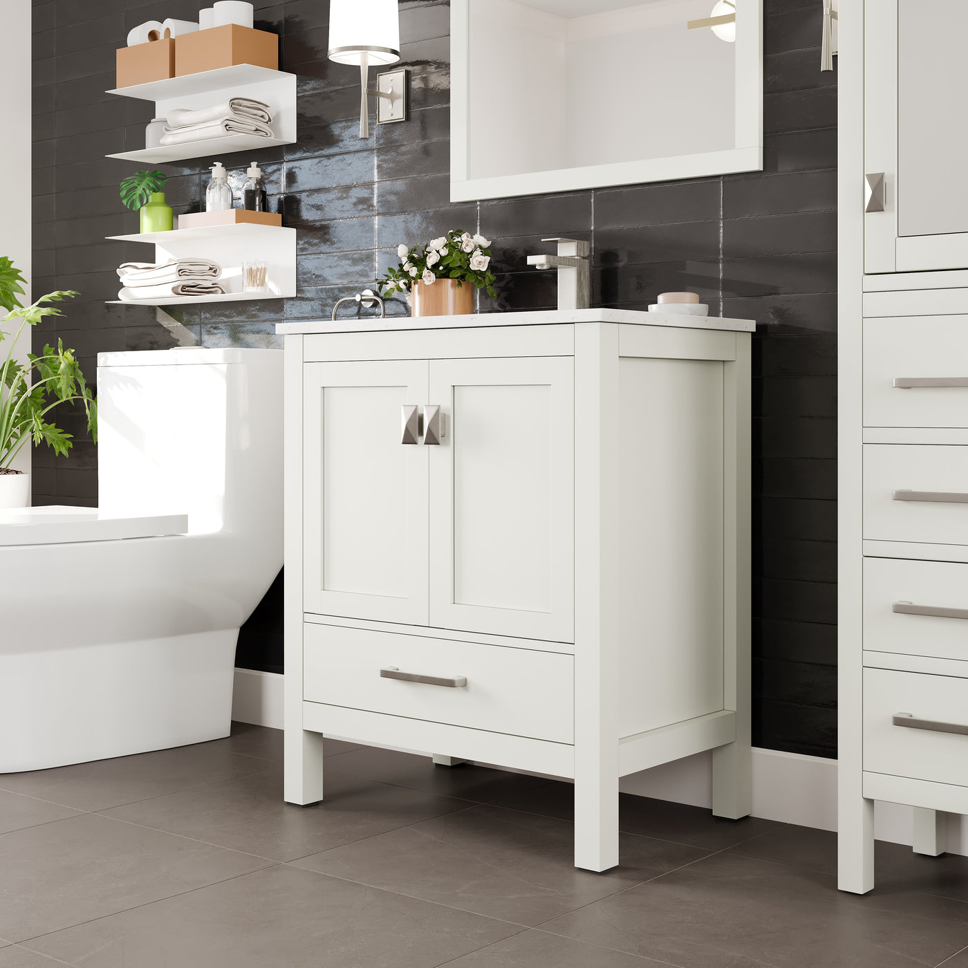 London 30"W x 18"D White Bathroom Vanity with White Carrara Quartz Countertop and Undermount Porcelain Sink