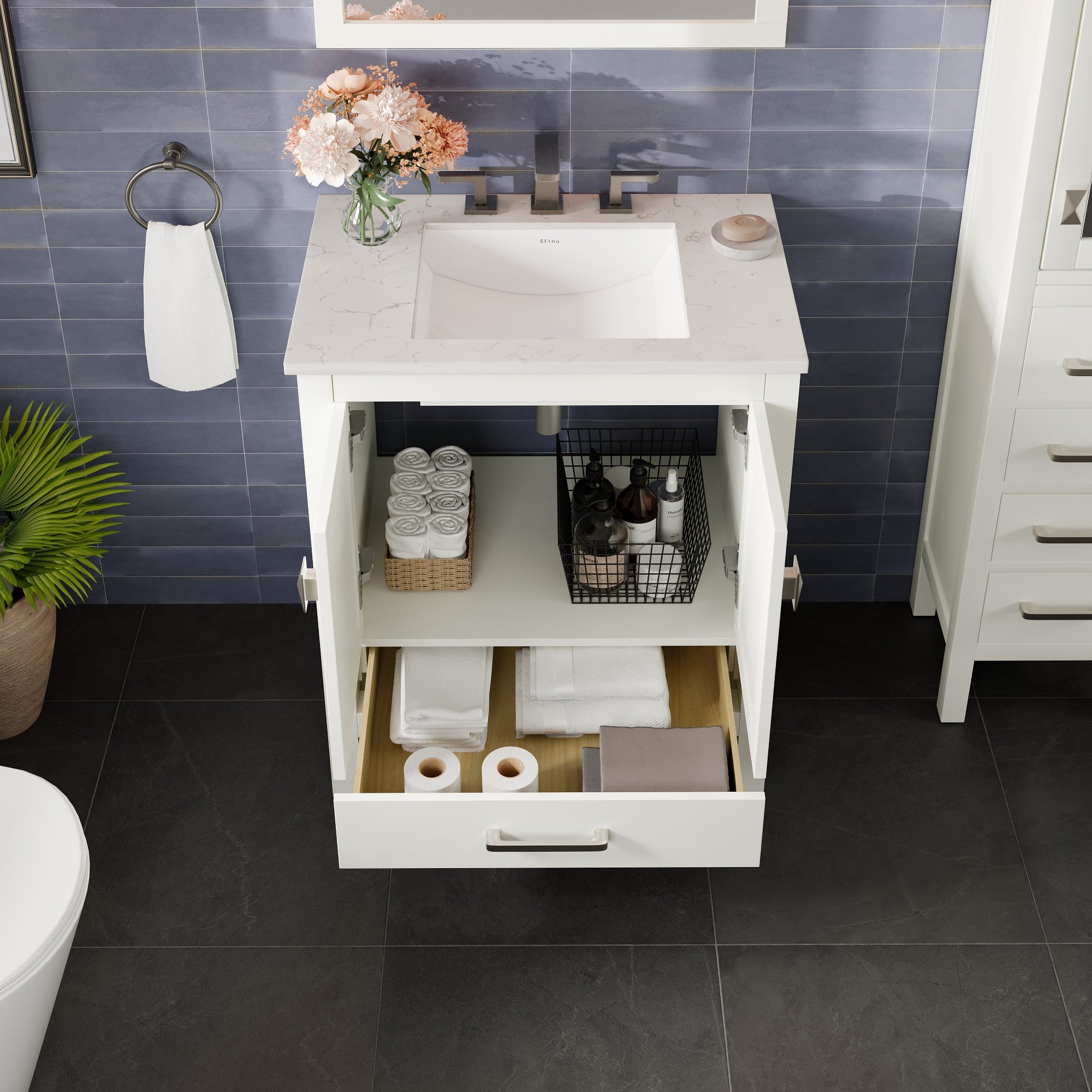Aberdeen 30 in. White Single Sink Bath Vanity with Carrara Quartz Top and Undermount Porcelain Sink - Bathroom Vanity by Eviva