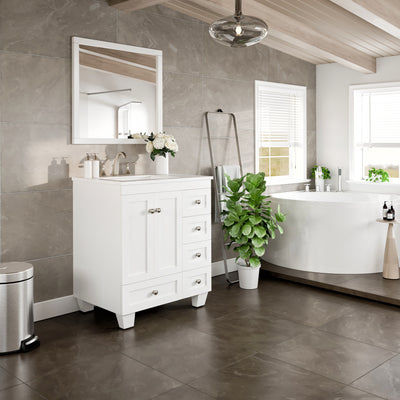 Acclaim 28"W x 22"D White Bathroom Vanity with White Carrara Quartz Countertop and Undermount Porcelain Sink