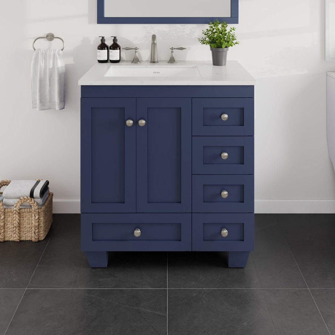 Acclaim 30 in. Blue Single Sink Bath Vanity with Carrara Quartz Top and Undermount Porcelain Sink