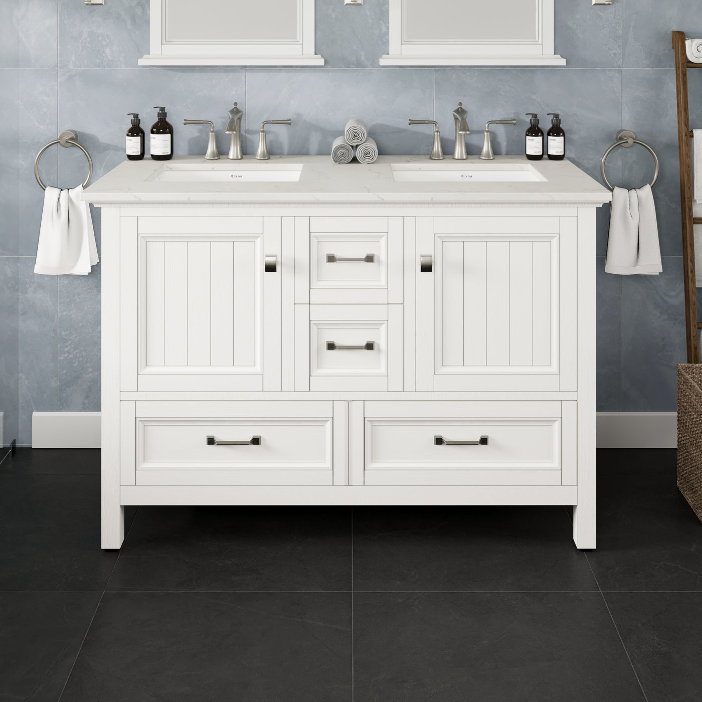 Britney 48"W x 22"D White Double Sink Bathroom Vanity with White Carrara Quartz Countertop and Undermount Porcelain Sinks