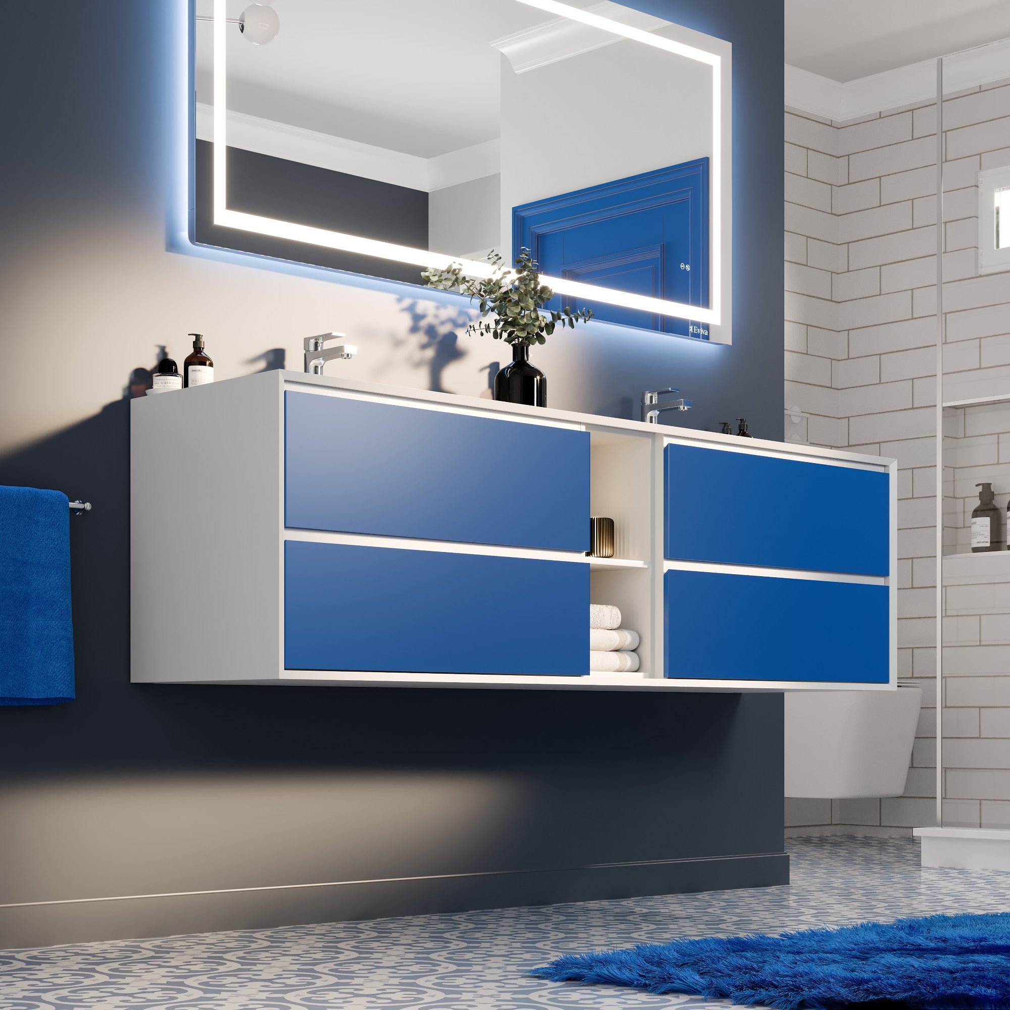 Vienna 75 in. Blue Wall Mount Double Sink Bath Vanity with Acrylic Top and Integrated Sinks