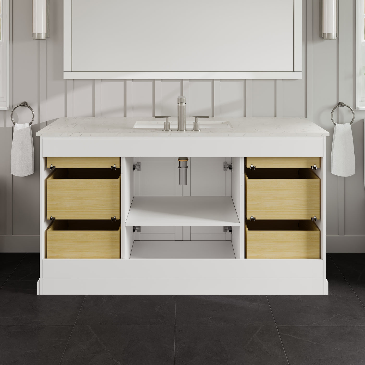 Epic 60"W x 22"D White Bathroom Vanity with White Carrara Quartz Countertop and Undermount Porcelain Sink