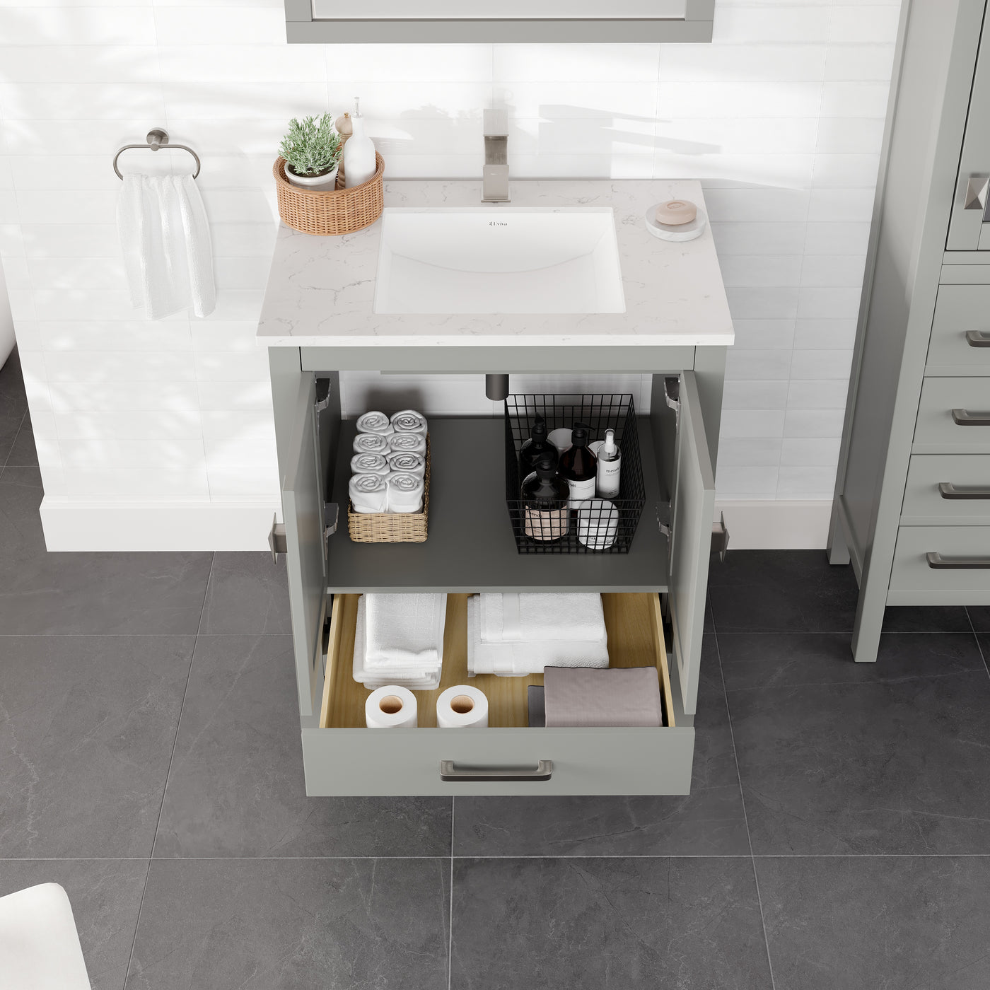 London 30"W x 18"D Gray Bathroom Vanity with White Carrara Quartz Countertop and Undermount Porcelain Sink