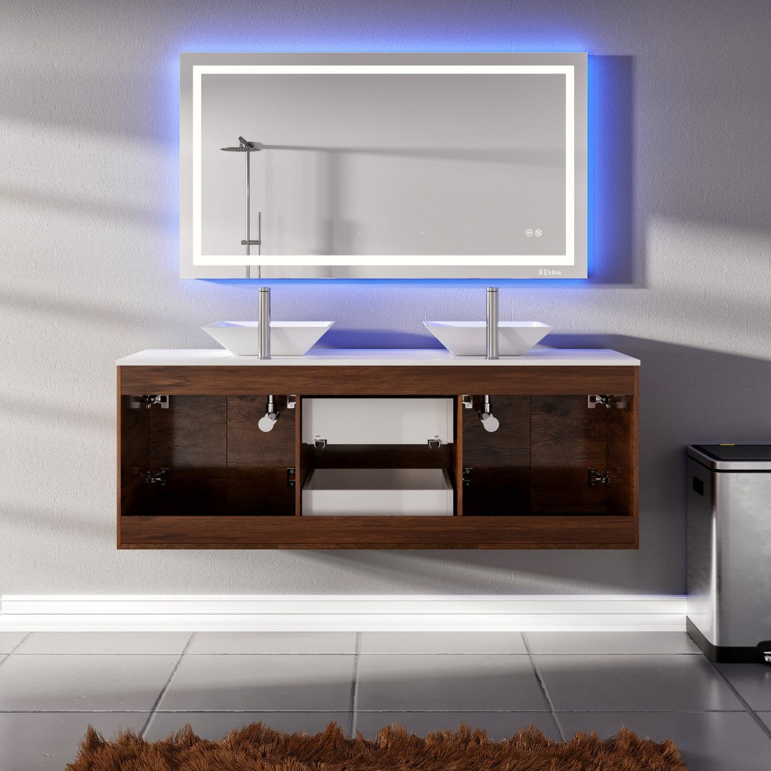 Lux 60 in. Rosewood Wall Mount Double Sink Bath Vanity with White Quartz Top and Vessel Porcelain Sinks