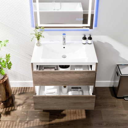 Luna 32 in. Gray Oak Wall Mount Single Sink Bath Vanity with Porcelain Top and Integrated Sink