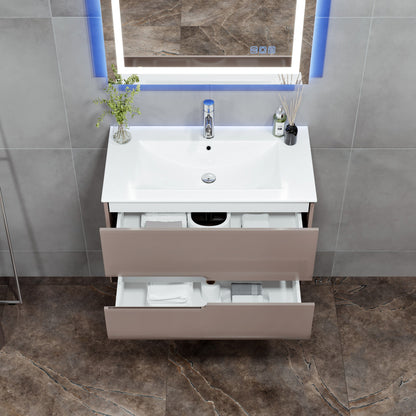 Ways 32 in. Mocha Wall Mount Single Sink Bath Vanity with Porcelain Top and Integrated Sink