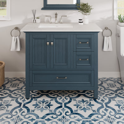 Britney 36"W x 22"D Ash Blue Bathroom Vanity with White Carrara Quartz Countertop and Undermount Porcelain Sink