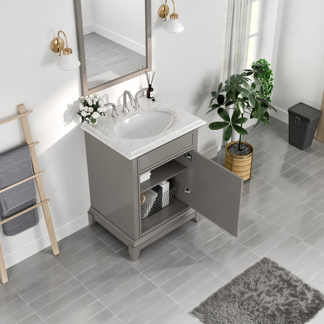 Elite Stamford 24 in. Gray Single Sink Bath Vanity with Carrara Marble Top and Undermount Porcelain Sink