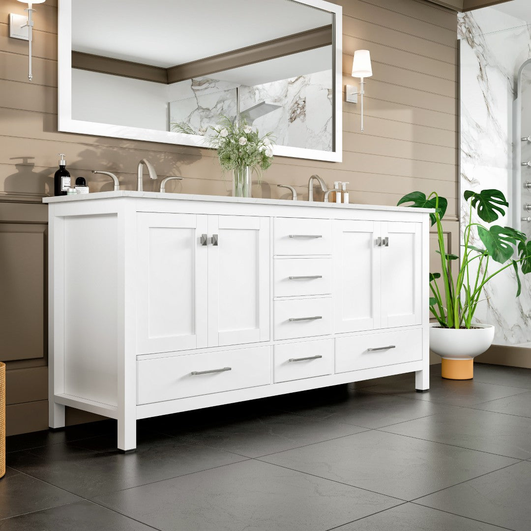 Aberdeen 78 in. White Double Sink  Bath Vanity with Carrara Quartz Top and Undermount Porcelain Sinks