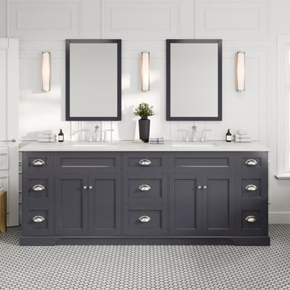 Charcoal gray double sink bath vanity with Carrara quartz top and undermount porcelain sinks, featuring stainless steel handles and two mirrors above the sinks.