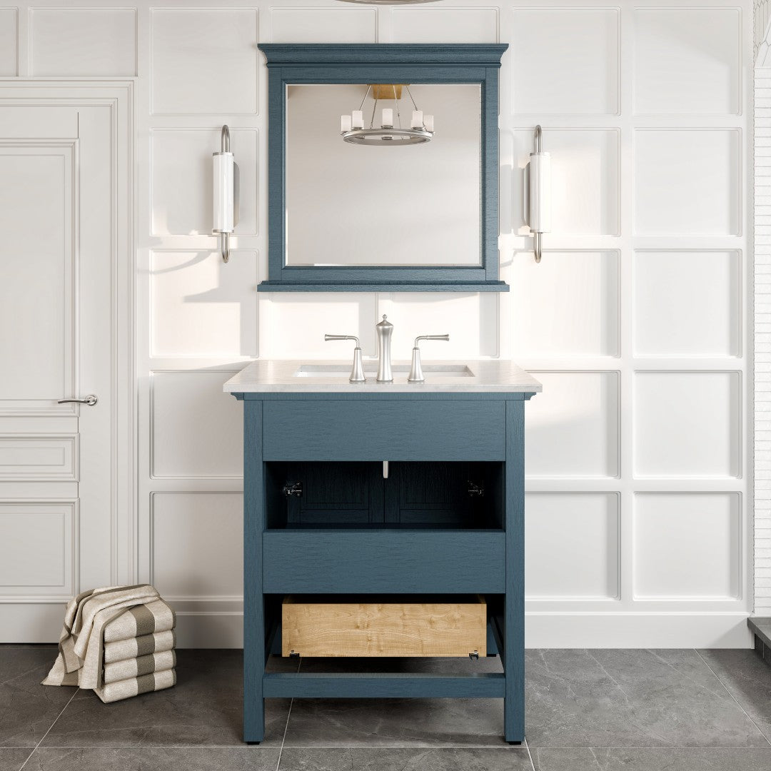 Eviva Britney 30 Inch Transitional Ash Blue Bathroom Vanity with Carrera Marble Top