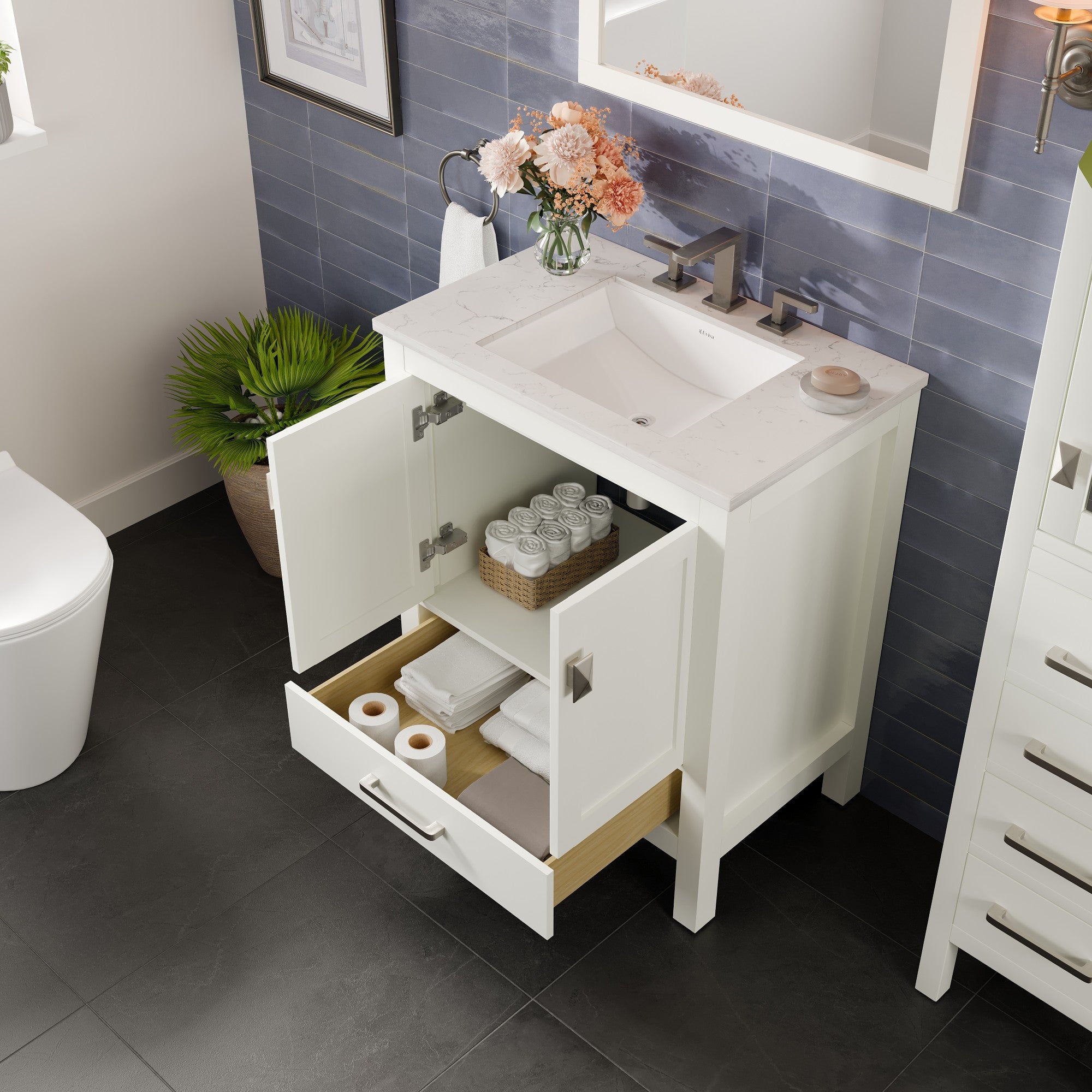 Aberdeen 30 in. White Single Sink Bath Vanity with Carrara Quartz Top and Undermount Porcelain Sink - Bathroom Vanity by Eviva