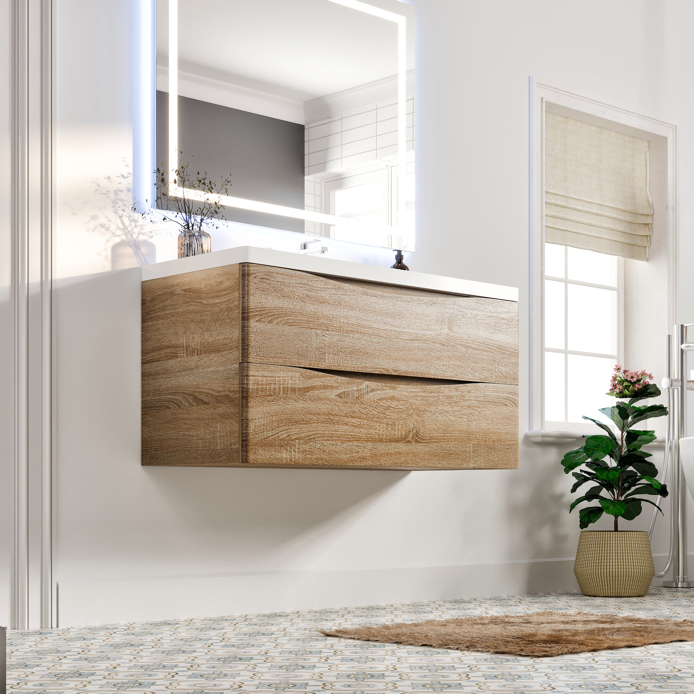 Smile 48"W x 19"D White Oak Wall Mount Bathroom Vanity with White Acrylic Countertop and Integrated Sink