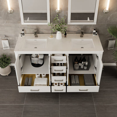 London 60"W x 18"D White Double Sink Bathroom Vanity with White Carrara Quartz Countertop and Undermount Porcelain Sinks