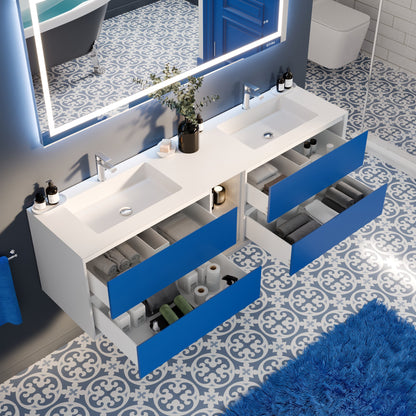 Vienna 75 in. Blue Wall Mount Double Sink Bath Vanity with Acrylic Top and Integrated Sinks