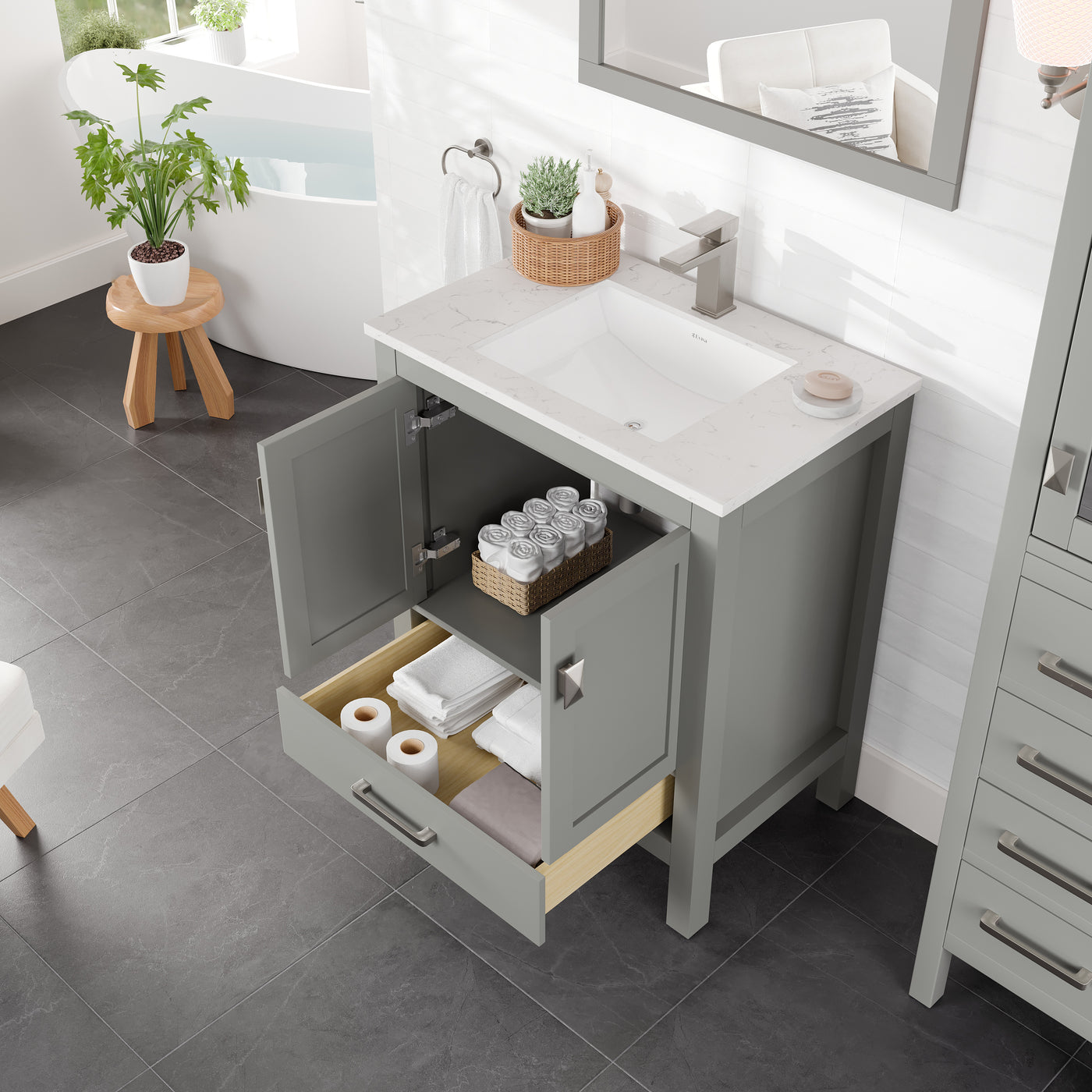 London 30"W x 18"D Gray Bathroom Vanity with White Carrara Quartz Countertop and Undermount Porcelain Sink