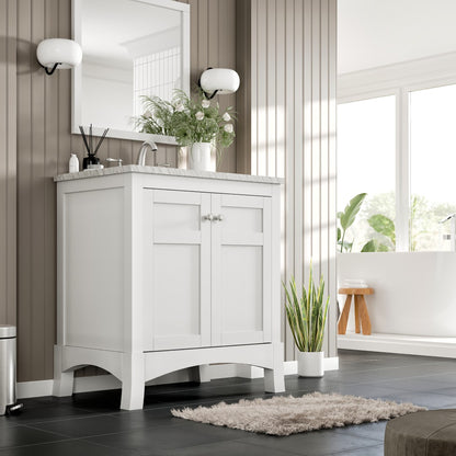 New York 30 in. White Single Sink Bath Vanity with Carrara Marble Top and Undermount Porcelain Sink
