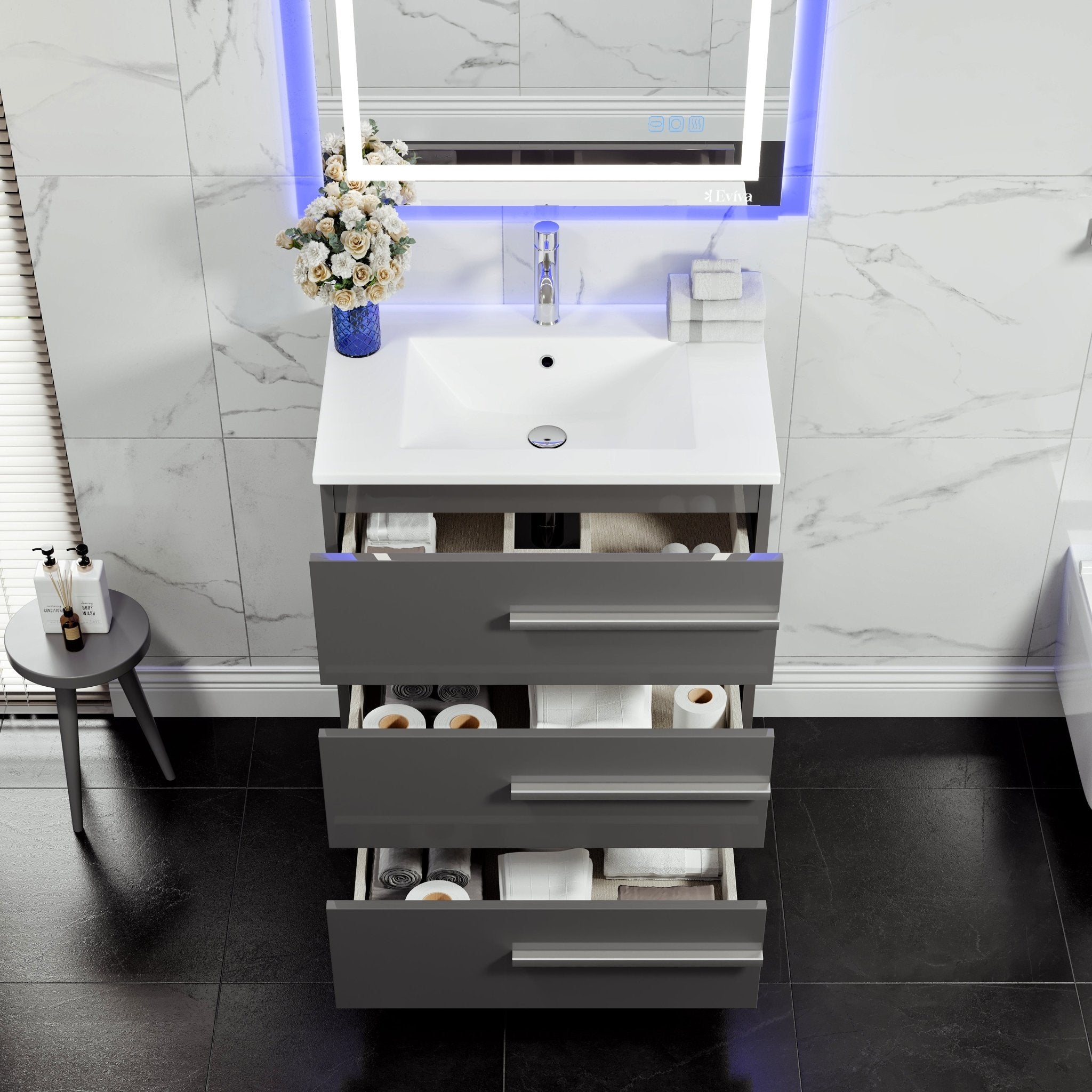 Deluxe 32 in. Gray Single Sink Bath Vanity with Porcelain Top and Integrated Sink - Bathroom Vanity by Eviva