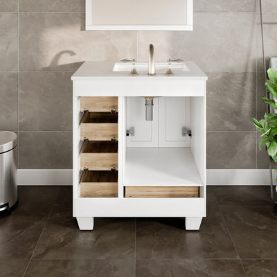 Acclaim 28"W x 22"D White Bathroom Vanity with White Carrara Quartz Countertop and Undermount Porcelain Sink