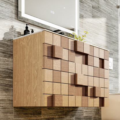 Mosaic 36 in. Natural Oak Wall Mount Single Sink Bath Vanity with Solid Surface Top and Integrated Sink