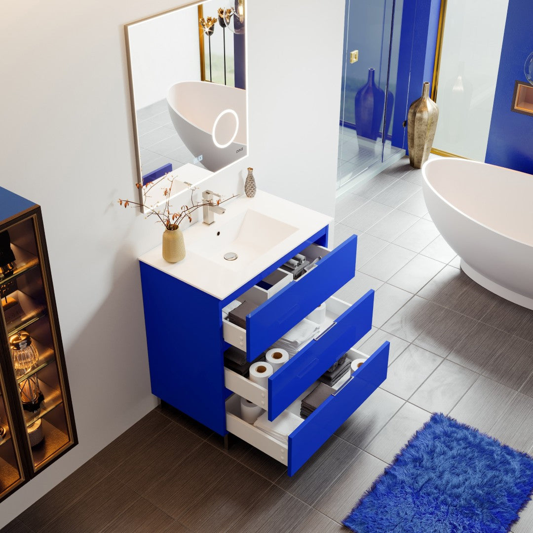 Malmo 32 in. Blue Single Sink Bath Vanity with Porcelain Top and Integrated Sink