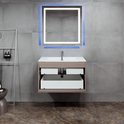 Ways 32 in. Mocha Wall Mount Single Sink Bath Vanity with Porcelain Top and Integrated Sink