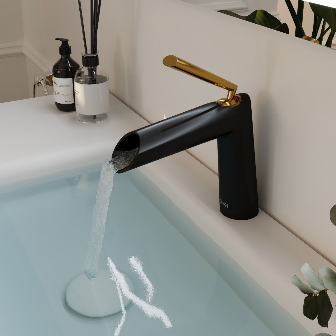 Eviva Black Single-Handle Waterfall Single-Hole Batrhoom Faucet with Gold Handle in Black