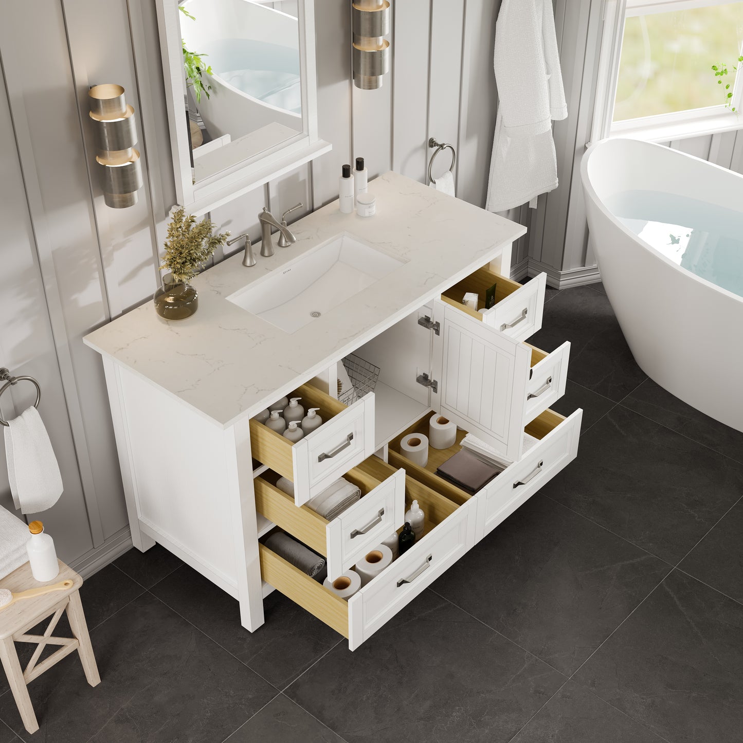 Britney 42"W x 22"D White Bathroom Vanity with Carrara Quartz Countertop and Undermount Porcelain Sink