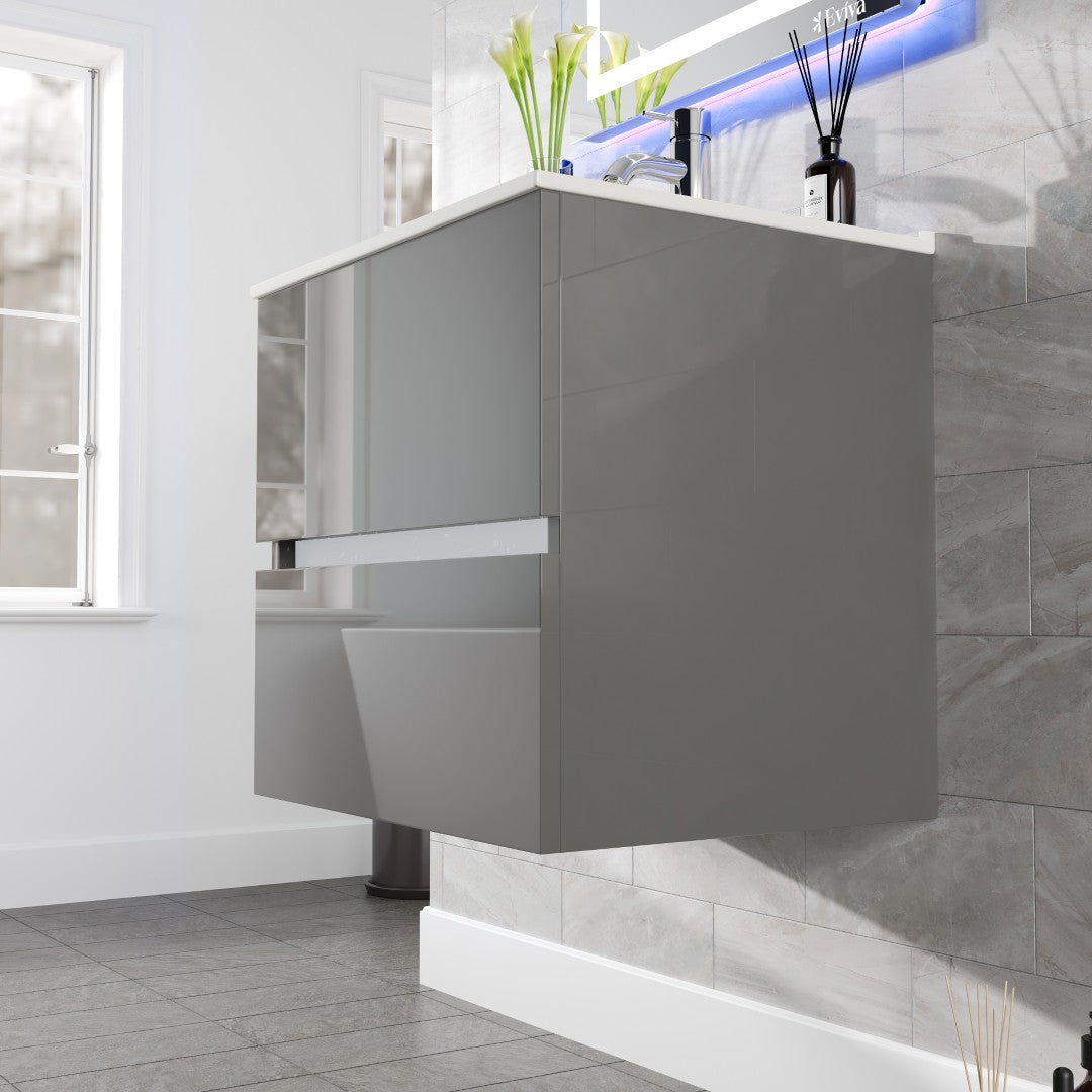 Ikaro 24 in. Gray Wall Mount Single Sink Bath Vanity with Porcelain Top and Integrated Sink