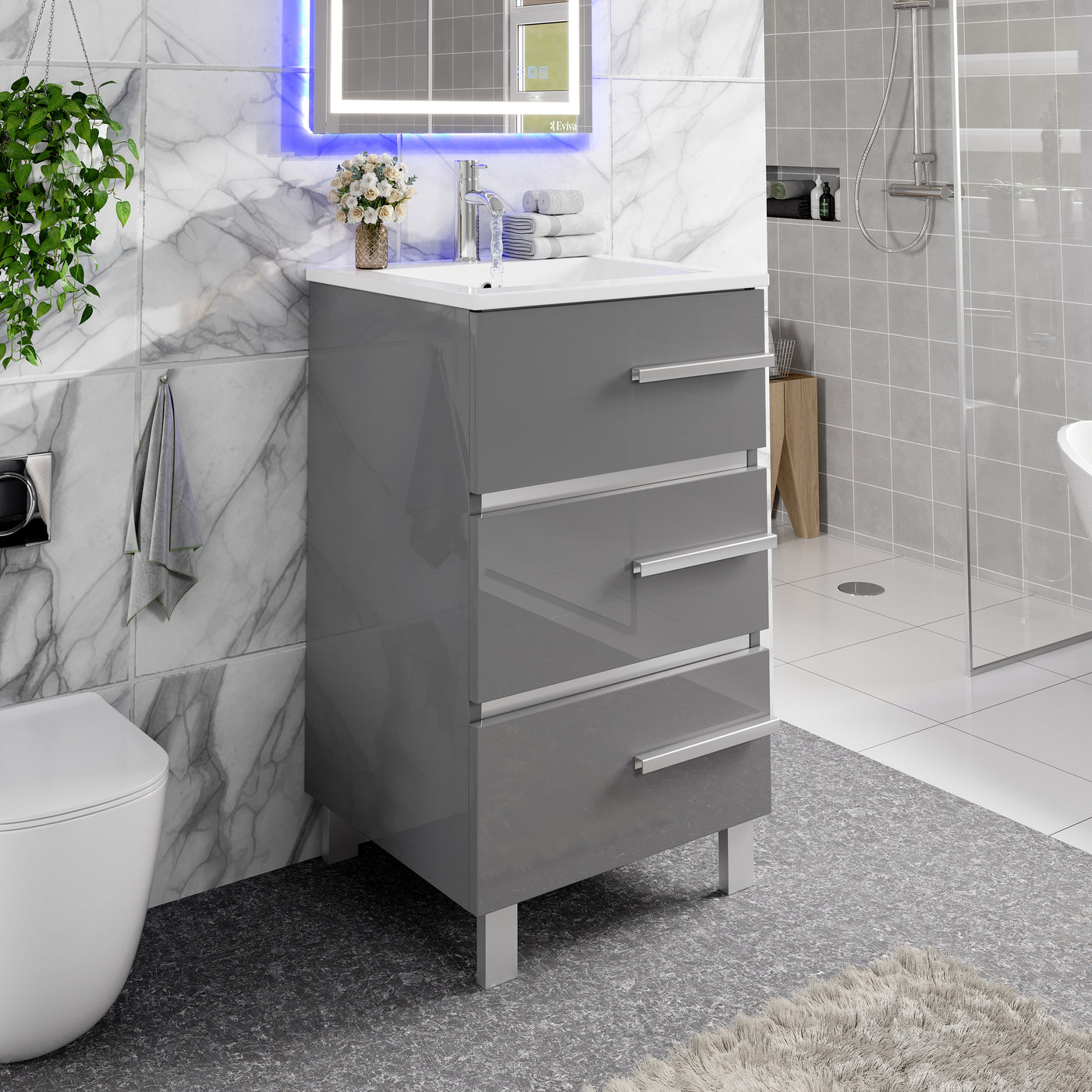 Deluxe 24"W x 18"D Gray Bathroom Vanity with White Porcelain Countertop and Integrated Sink