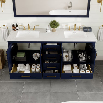 Aberdeen 78 in. Blue Double Sink  Bath Vanity with Carrara Quartz Top and Undermount Porcelain Sinks