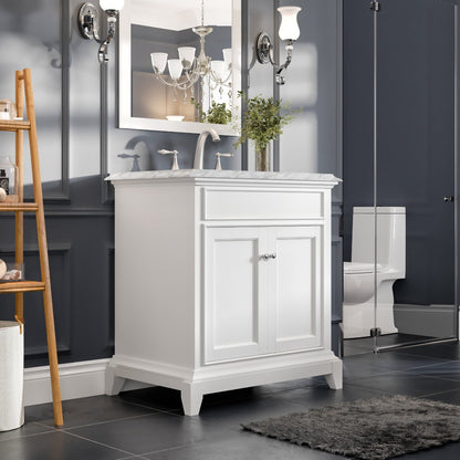 Elite Princeton 30 in. White Single Sink Bath Vanity with Carrara Marble Top and Undermount Porcelain Sink