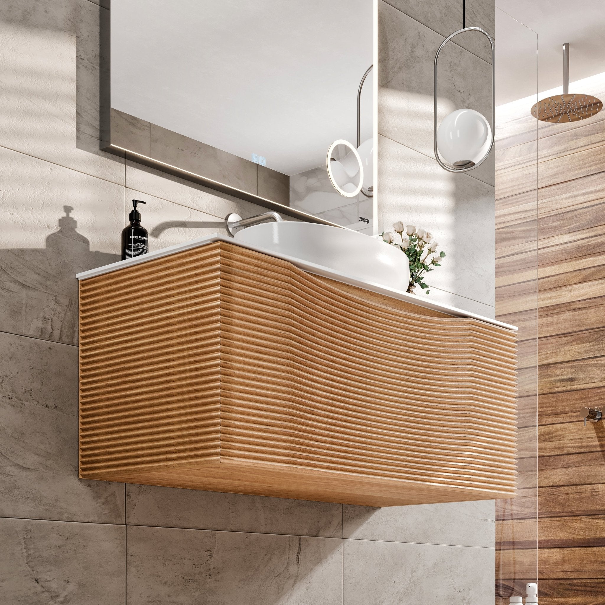 Leah 32 in. Medium Oak Wall Mount Single Sink Bath Vanity with Solid Surface Top and Vessel Solid Surface Sink - Bathroom Vanity by Eviva